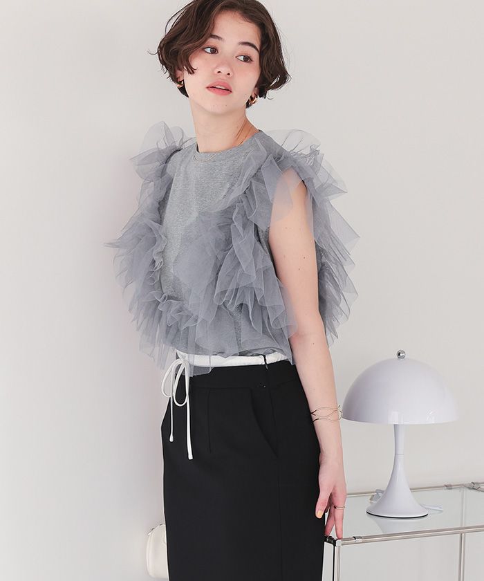 ノースリーブチュールドッキングトップス