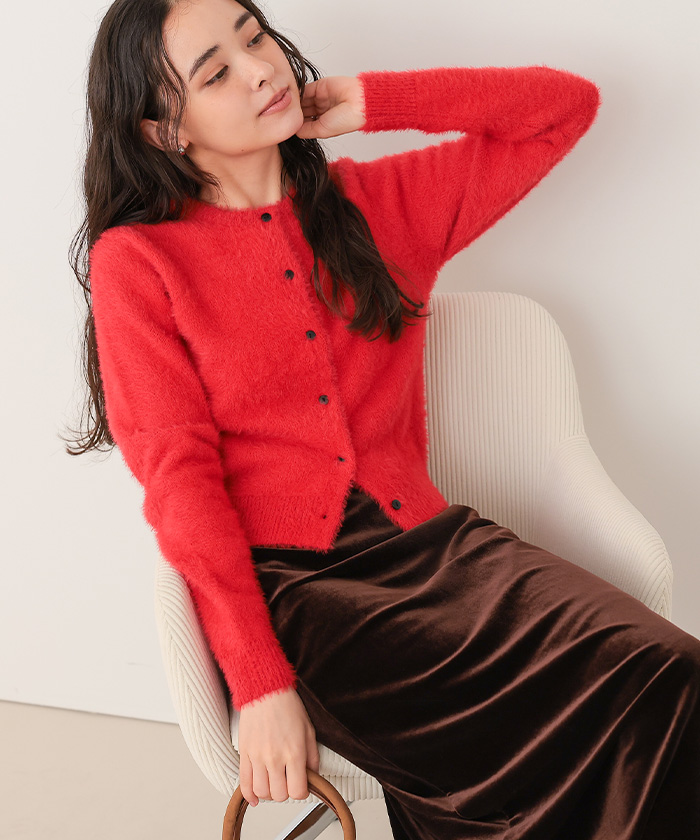 クルーネックミニシャギーニットカーディガン