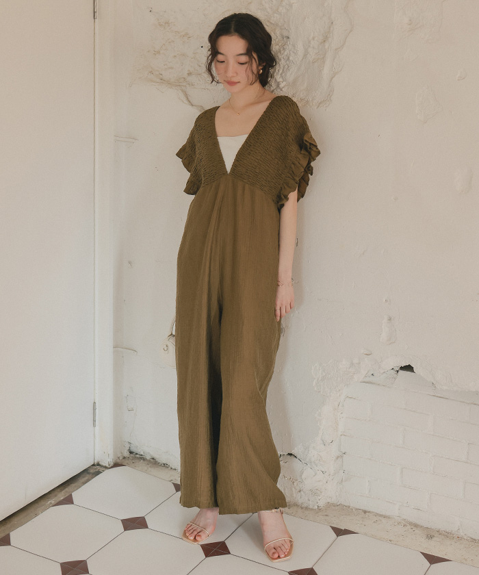 シャーリングフリルオールインワン