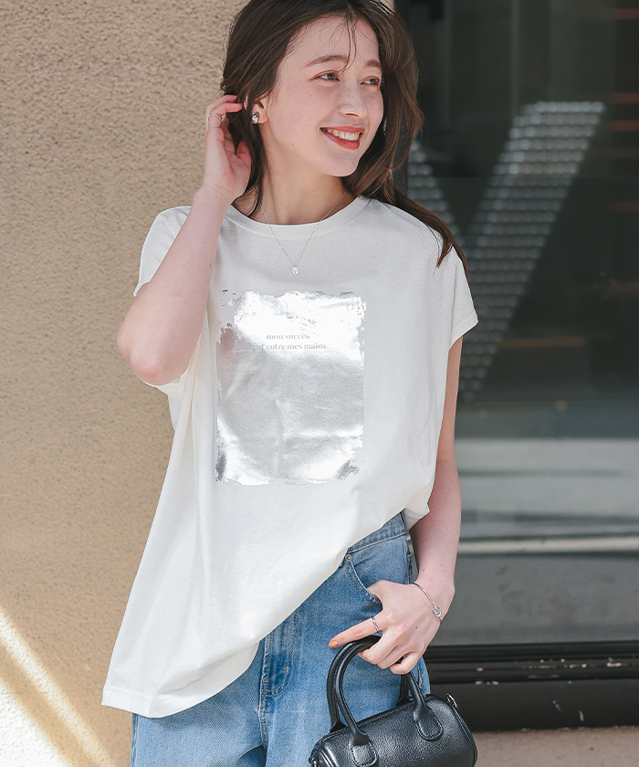 箔プリントフレンチスリーブTシャツ【メール便可／90】
