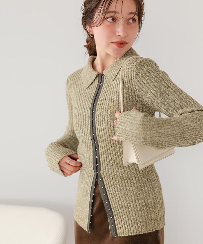 ホック付きポロ襟ミックスニット