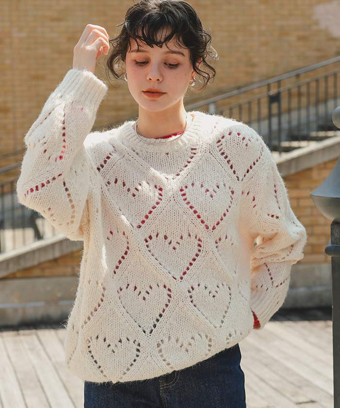 ハート透かし柄モヘアタッチニット