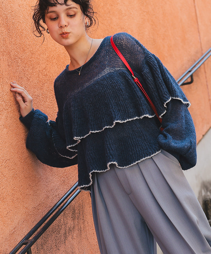 ティアードフリルモヘアライクローゲージニットトップス