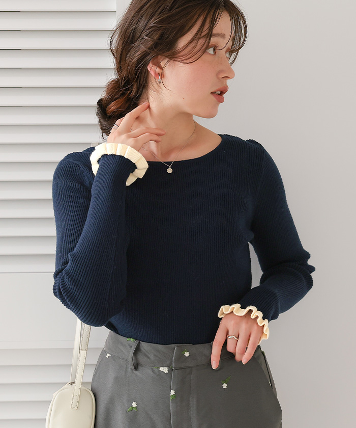 ふわっとタッチフリルスリーブリブニット