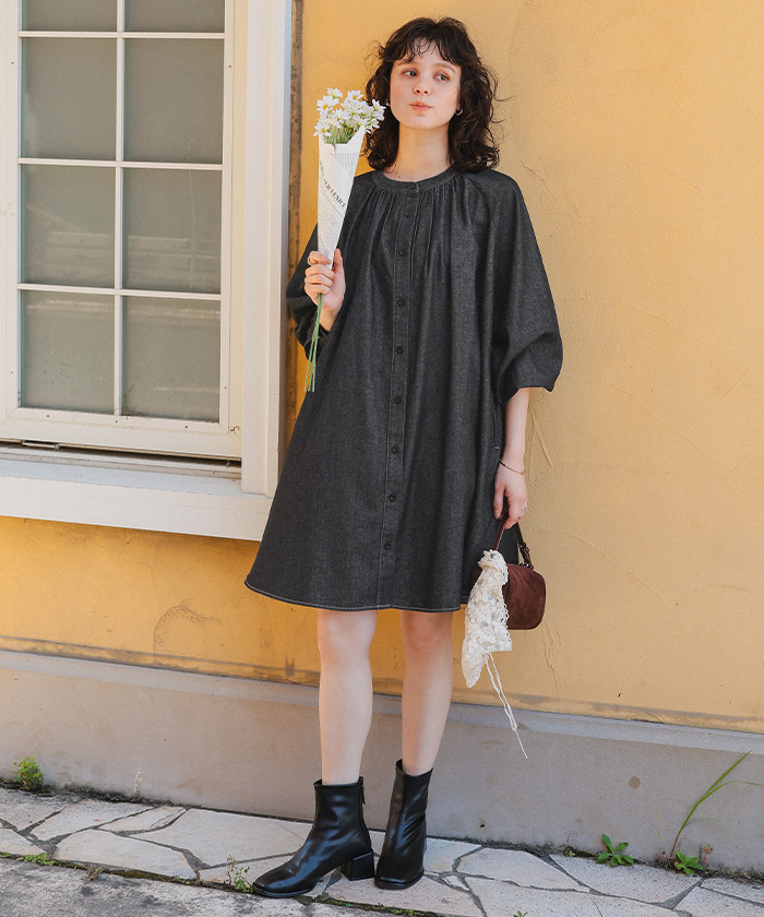 ギャザーボリュームシルエットデニムワンピース