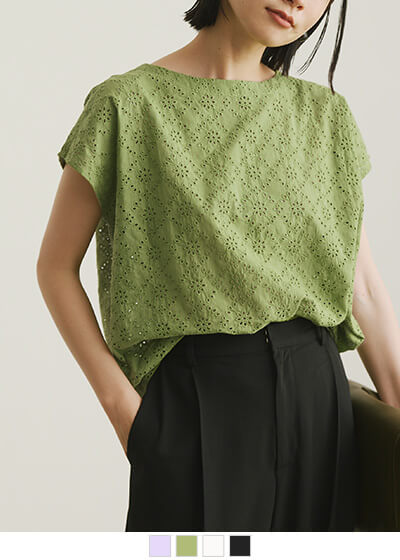 コットンレースフレンチスリーブブラウス【メール便可／60】