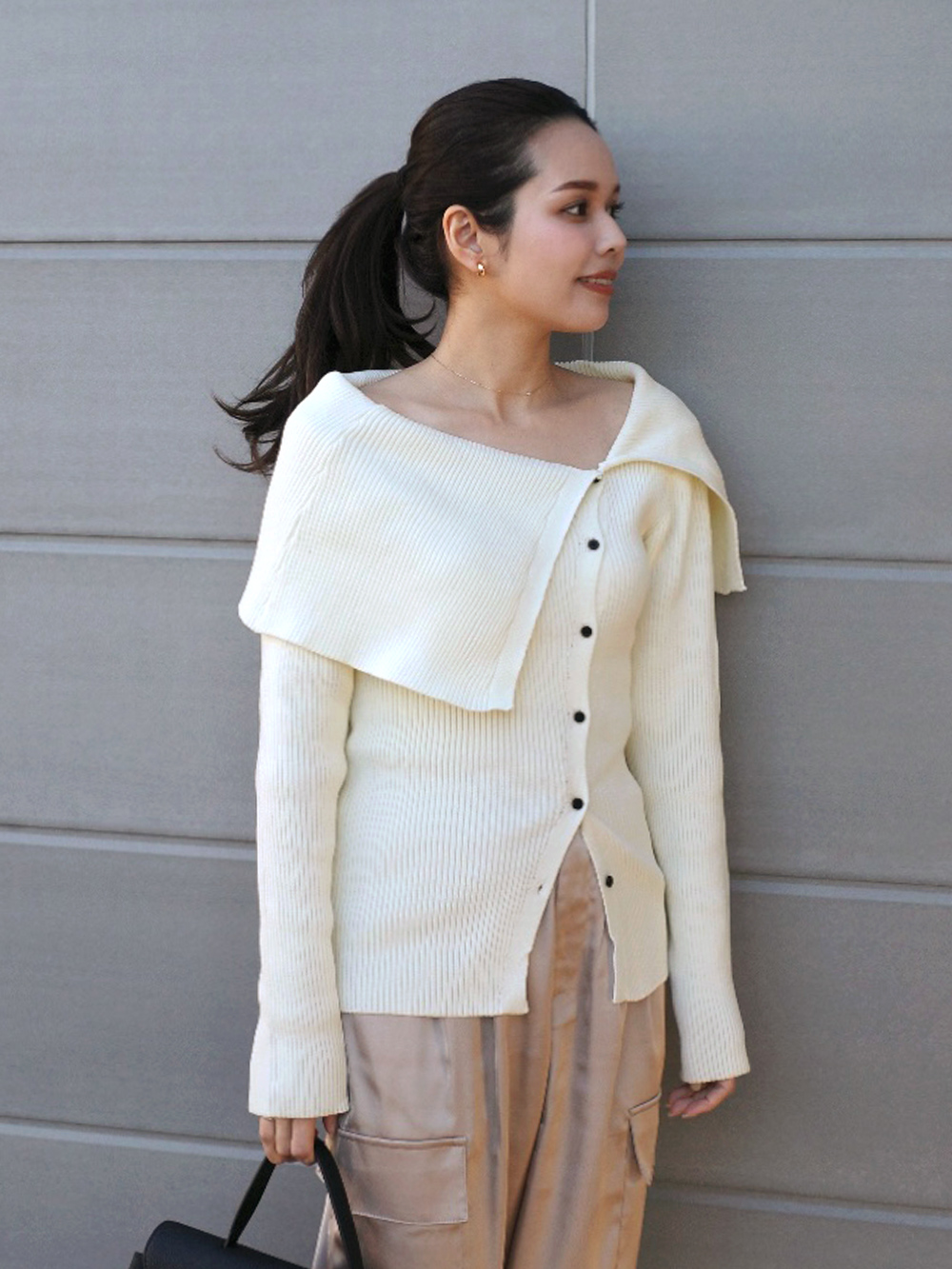 りおさん着用 アシンメトリーオフショルダーニットトップス 春夏 ニット