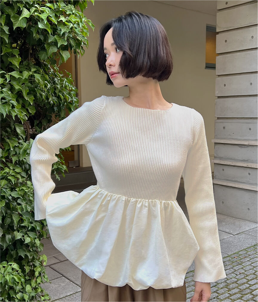 あずささん着用 ヘムバルーンドッキングボートネックリブニット 秋冬 ニット