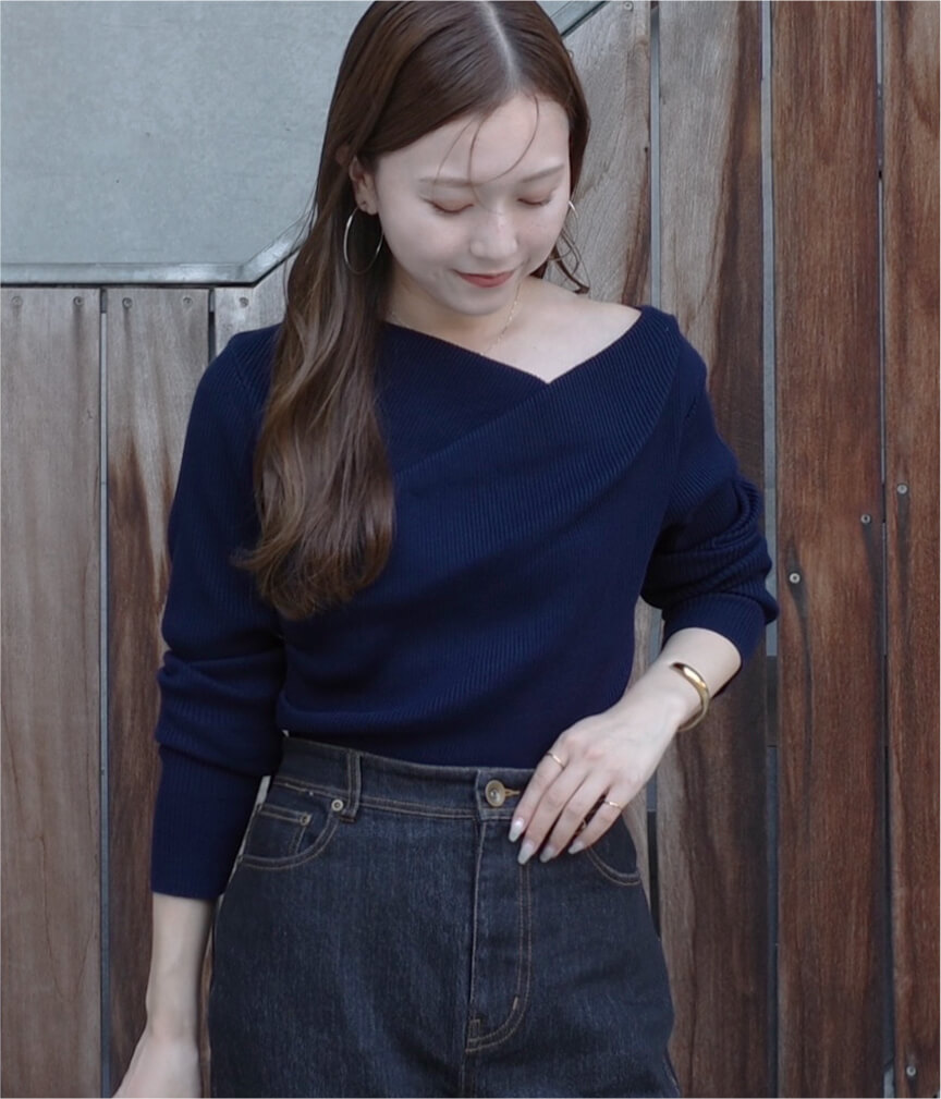 ななみさん着用 オフショルダーリブニットトップス 秋冬 ニット