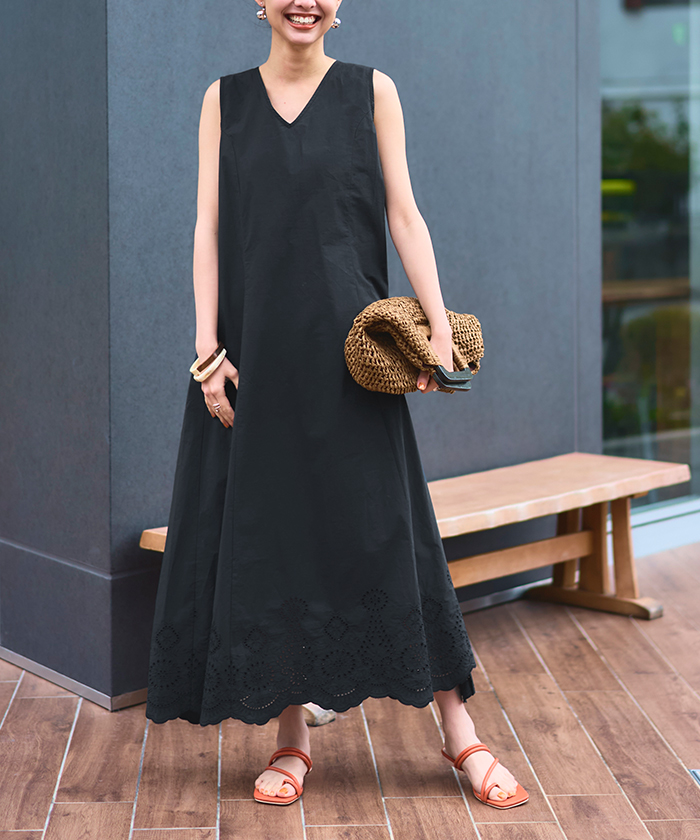 裾刺繍デザインノースリーブワンピース通販｜レディースファッション
