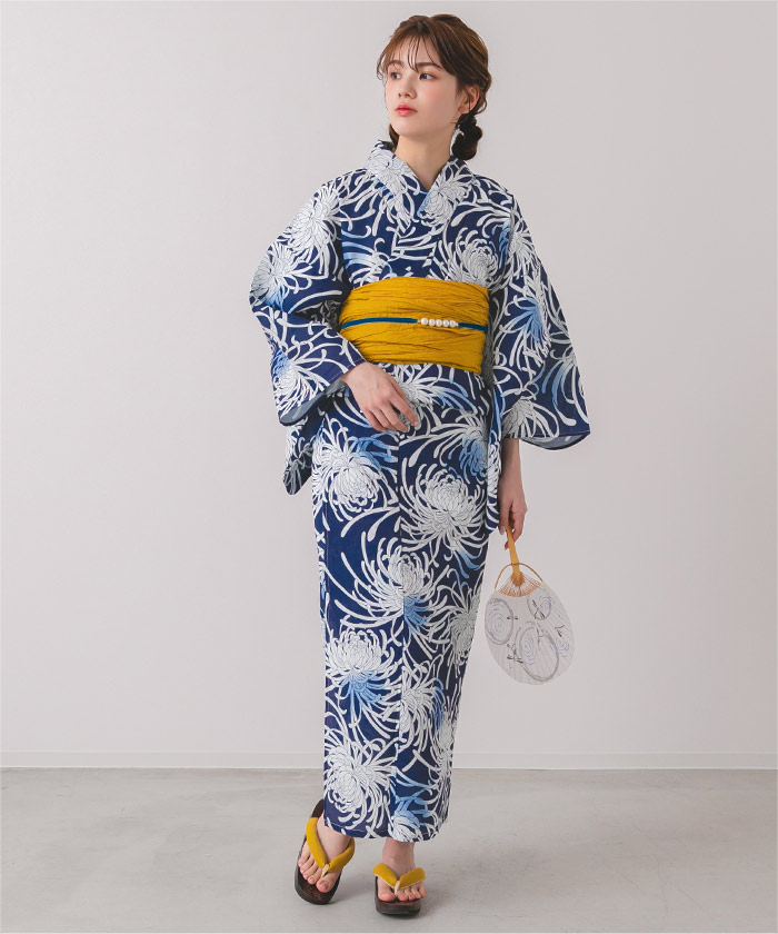 一点◯3日まで大特価○新品　むじな菊　浴衣○麻着物 綿麻○大人　浴衣○フリー 単品]綿麻生地はんなり乱菊柄浴衣 | titivate