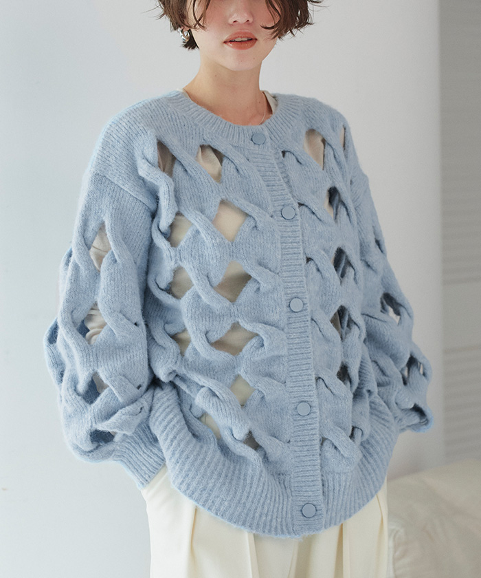 16AW 最新 ベイフロー インディゴボーダーケーブルニット　L