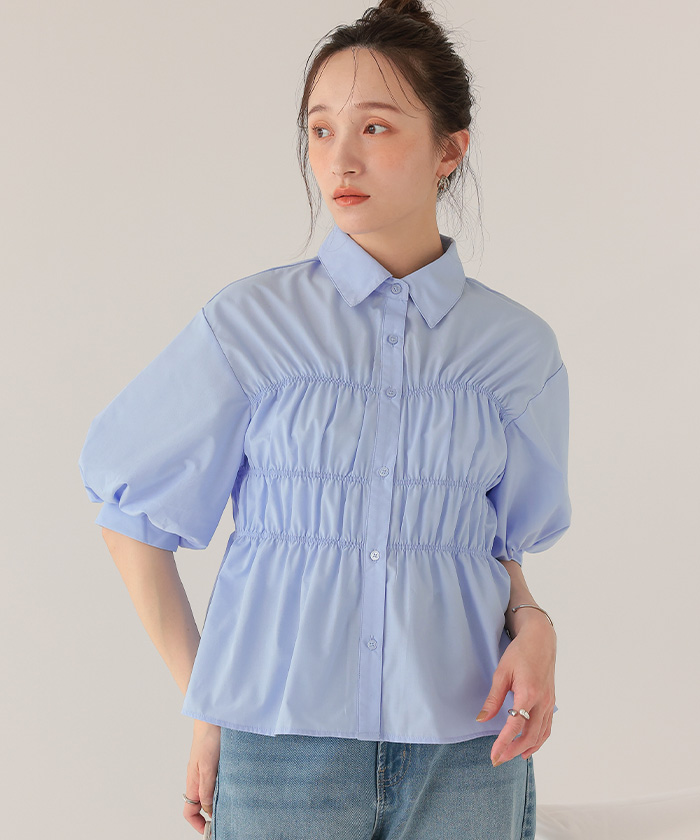 5分袖バルーンシャーリングブラウス | titivate