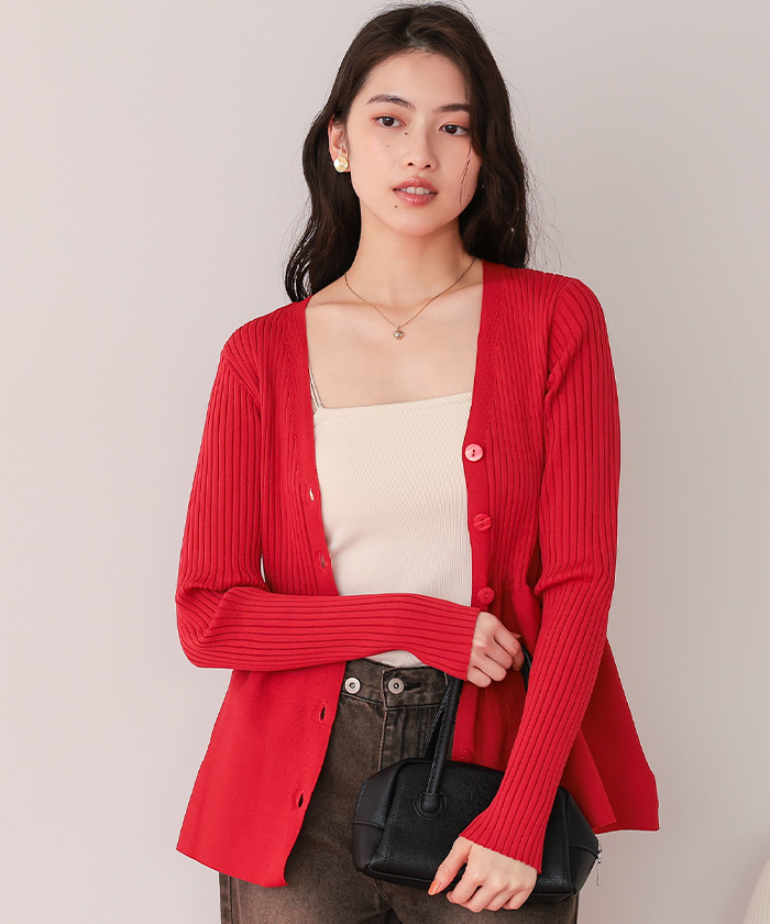 新品　ペプラムデザイン長袖ニットトップス 赤 前後2wayヘンリーネックペプラムニットトップス | titivate