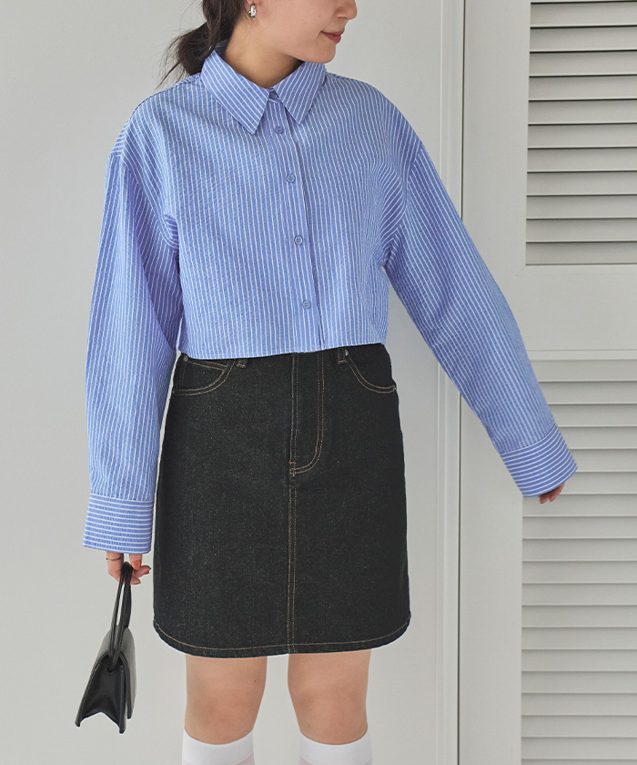 サッカーシャツ 水色と白のストライプ ストライプサッカー七分袖ワイドカラーシャツ｜メンズ