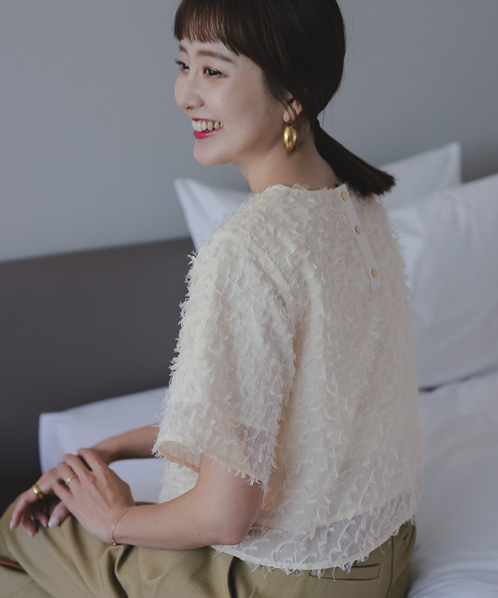 トップス　茶色水玉　F 新品　フォロー割-200円 胸きゅん、褒められトップス。配色メロウ5分袖シャーリング