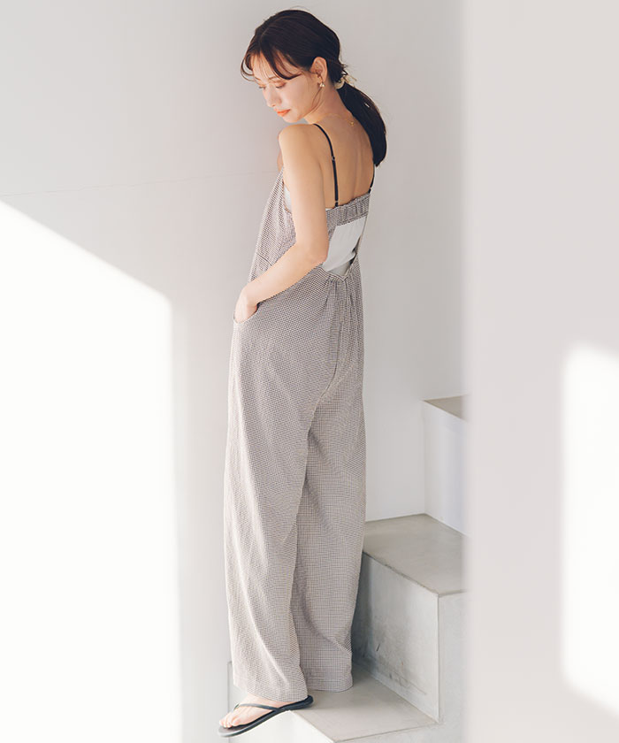 LINEN ワイド オールインワン バックデザインルーズキャミソールオールインワン通販