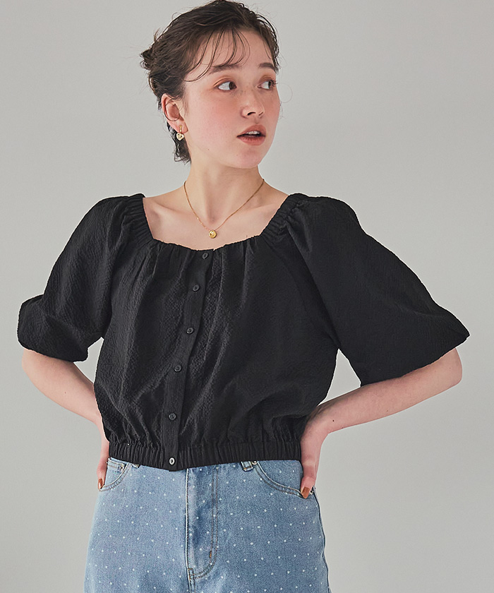 スクエアネック デニムドレス ショート丈 上品 半袖パフスリーブ SHEIN - DAZY フローラル柄 スクエアネックパフスリーブ ドレス