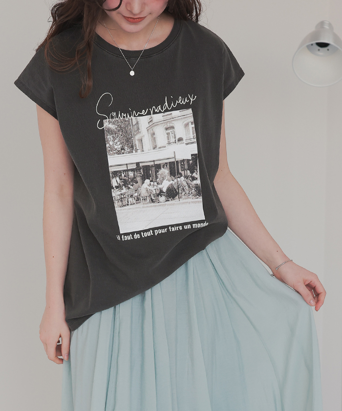 フレンチスリーブピグメントフォトプリントTシャツ【メール便可