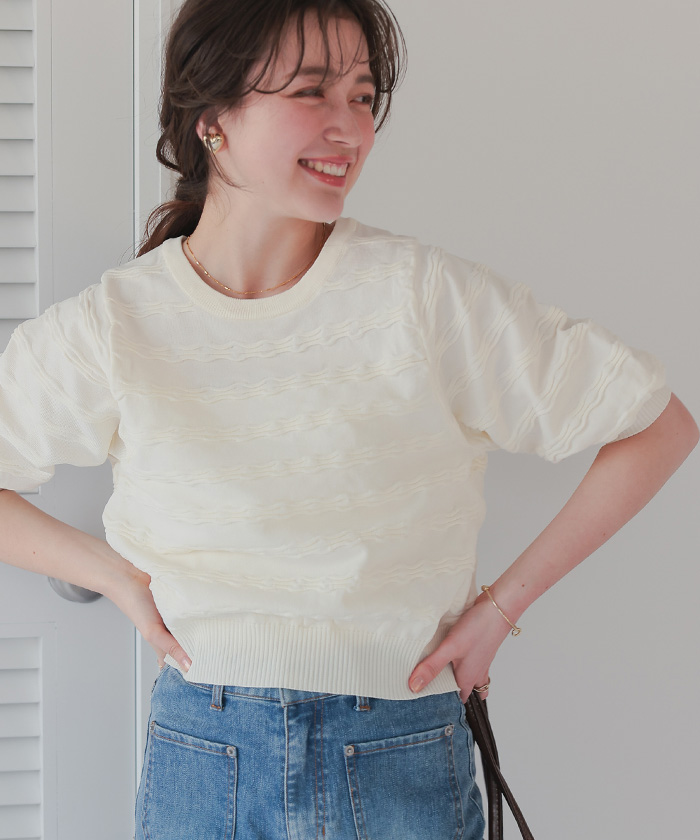 ナミナミボーダーパフスリーブニットプルオーバー | titivate