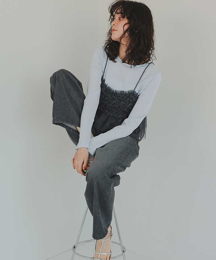 トップス milky CLANE] WIDE HENRY NECK BORDER TOPS. 女性らしさと抜け感を