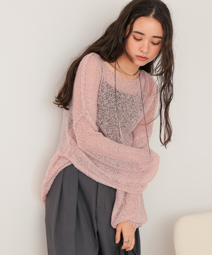 ロージーモンスター　トゥインクルモヘアフリルニット　モヘアニット　シアーニット茶 ロージーモンスター トゥインクルモヘアフリルニット モヘアニット