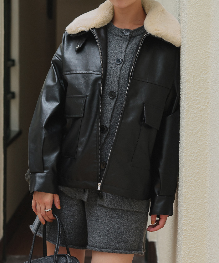 ファーティペット付きフェイクレザーブルゾン | titivate