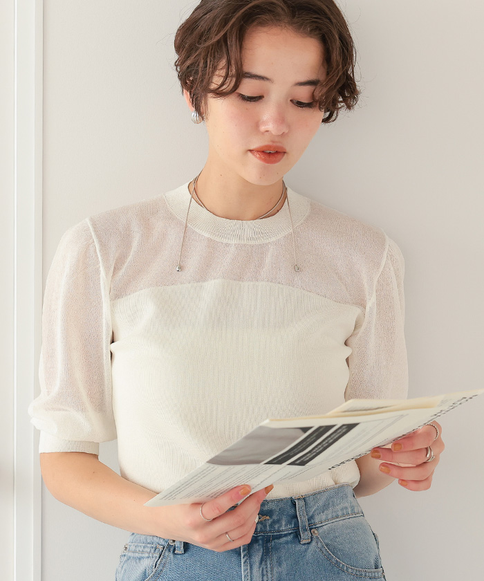 シアー切替パフスリーブニットトップス | titivate