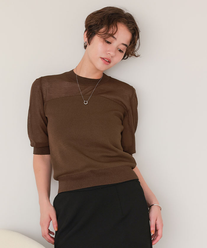 シアー切替パフスリーブニットトップス | titivate