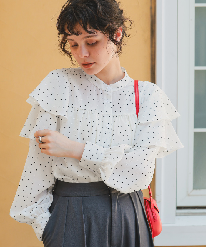 プランテーション　ウール変形ブラウス　総柄　フレア　レイヤード　カットソー Plantation プランテーション/WOMEN'S Tops/シャツ/ブラウス| A
