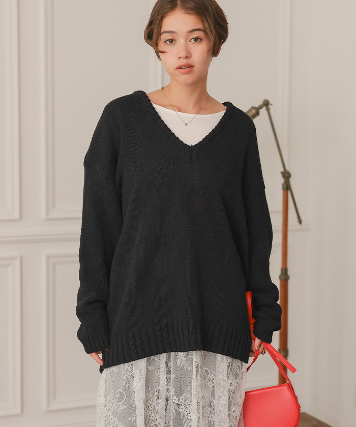ルーズ深Vネックニットプルオーバー | titivate