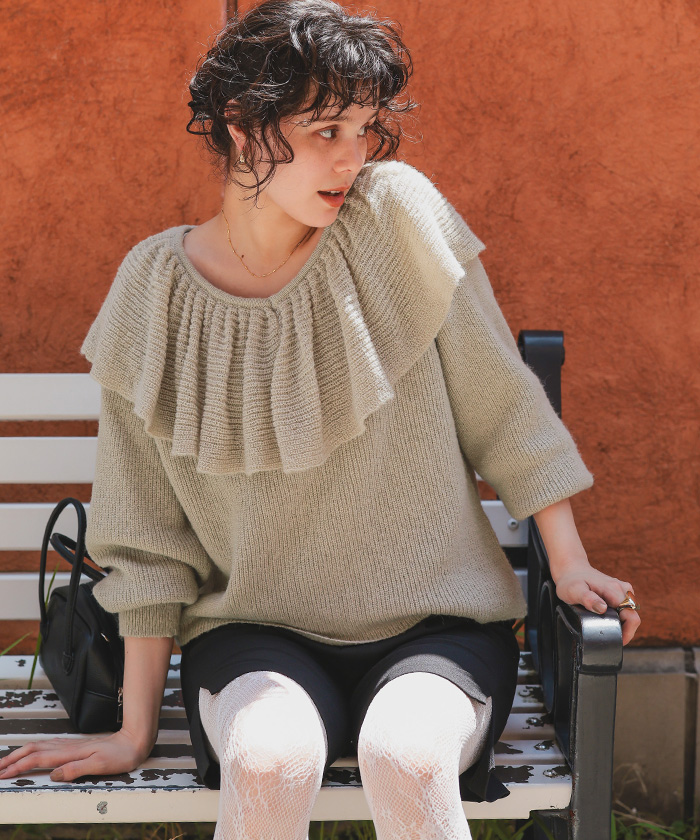 ウールブレンドギャザーフリル襟ニットトップス | titivate