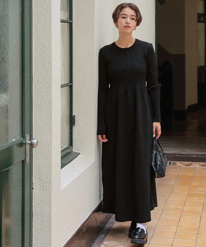 ヘンリーネックデザインニットワンピース | titivate