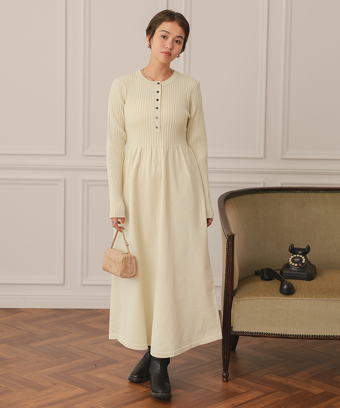 ヘンリーネックデザインニットワンピース | titivate