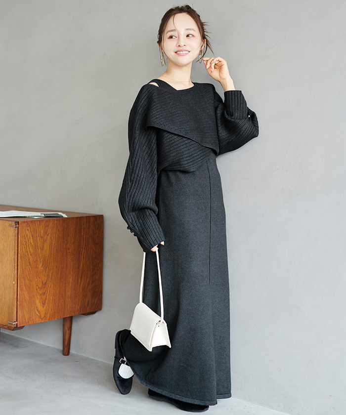 カシュクールリブトップスニットセットワンピース | titivate