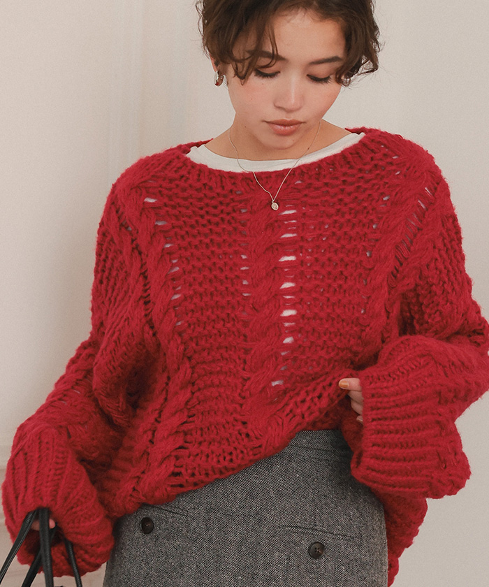 ハンドライクボートネックケーブルニット | titivate