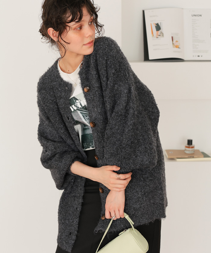 ウール混ブークレボリュームスリーブニットカーディガン | titivate