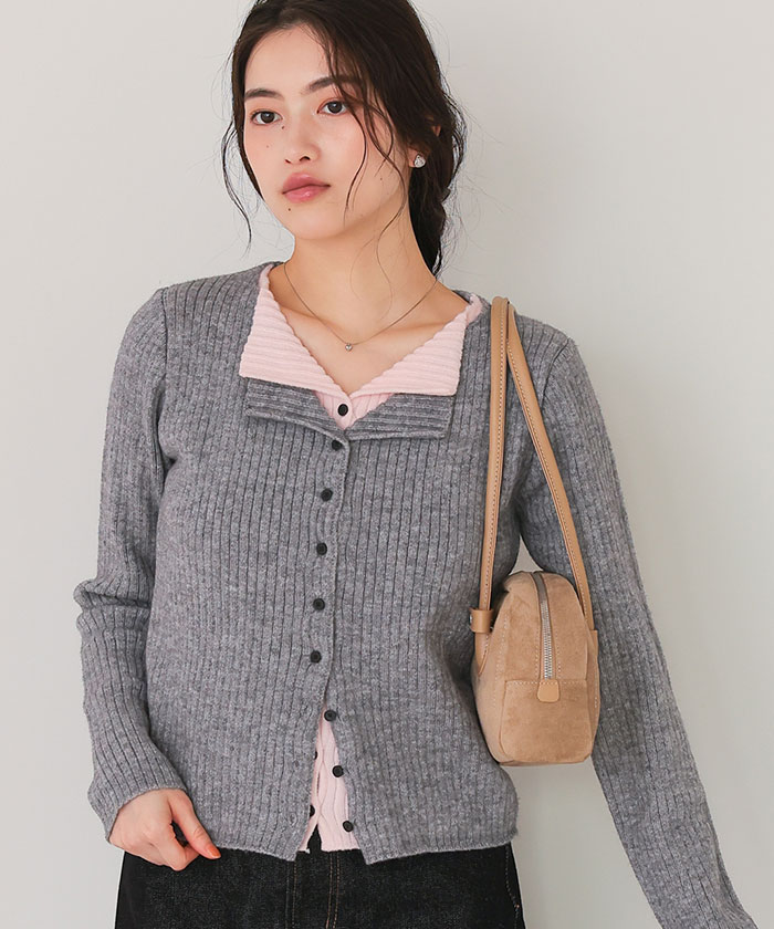 PINUE【新品】カラーリップリブニットトップス/ グレー レイヤード風リブニットトップス | titivate