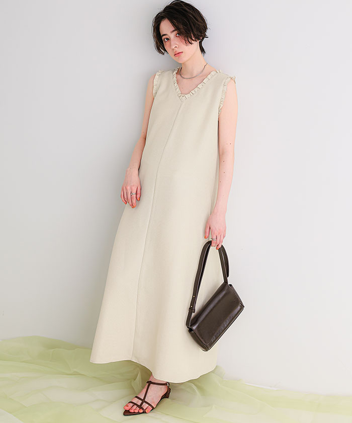 リネンライクVネックフリルデザインノースリーブワンピース | titivate