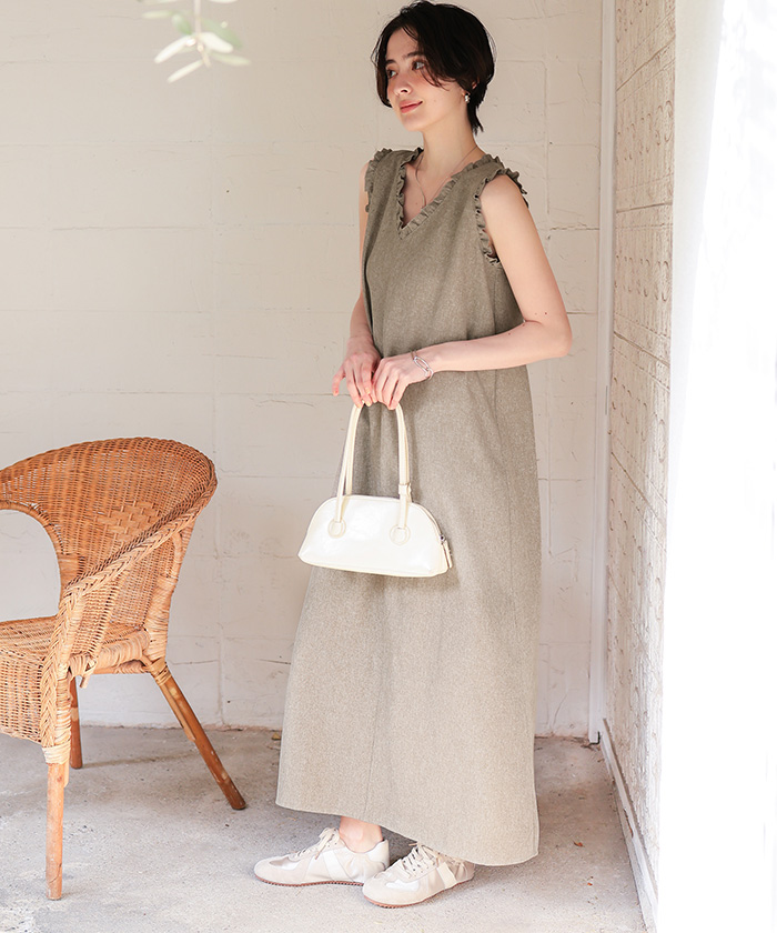 リネンライクVネックフリルデザインノースリーブワンピース | titivate