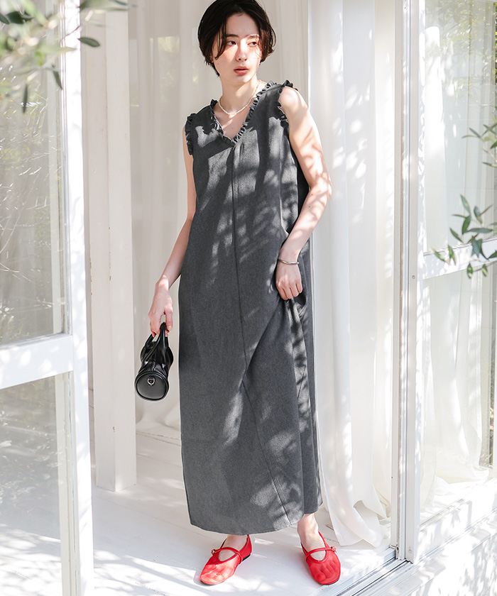 リネンライクVネックフリルデザインノースリーブワンピース | titivate