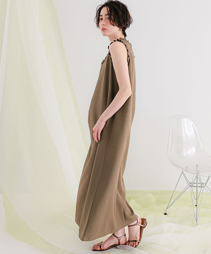 リネンライクVネックフリルデザインノースリーブワンピース | titivate