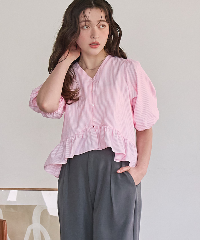 yori パフスリーブブラウス　ピンク　38 新品同様品yoriギンガムチェックパフスリーブブラウス - メルカリ