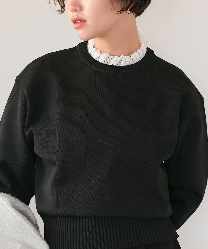 休日と詩　アマネコート　オーバーサイズ　丸襟　ブラック　cotton100％ 襟付きニットプルオーバー | titivate