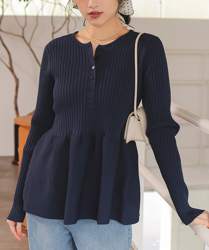 前後2wayヘンリーネックペプラムニットトップス | titivate