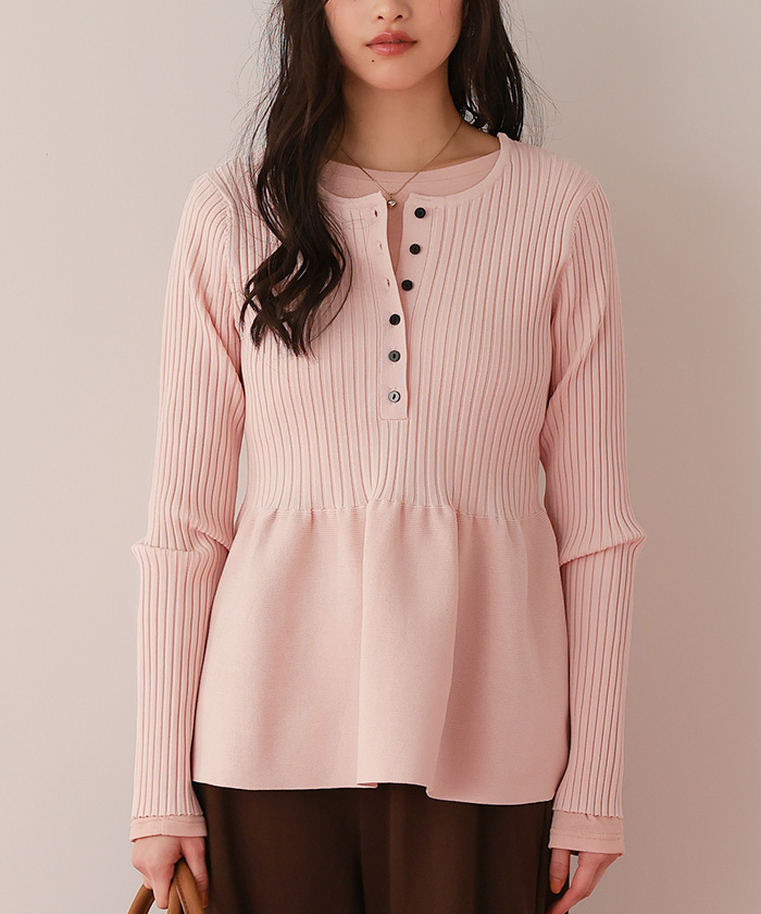 前後2wayヘンリーネックペプラムニットトップス | titivate