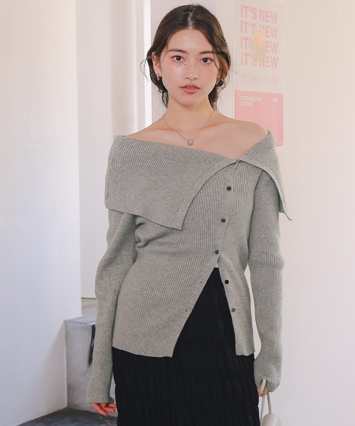 アシンメトリーオフショルダーニットトップス | titivate