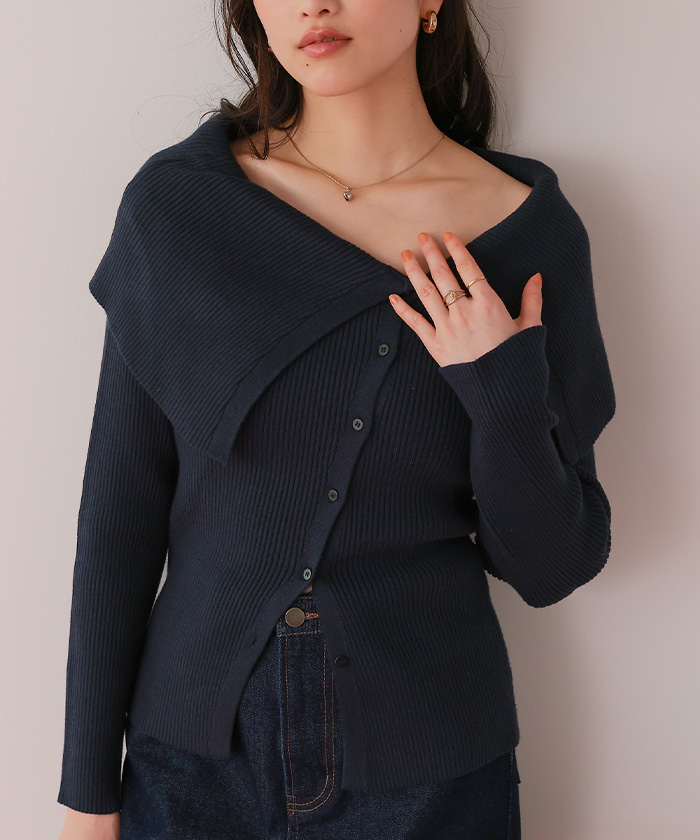 アシンメトリーオフショルダーニットトップス | titivate