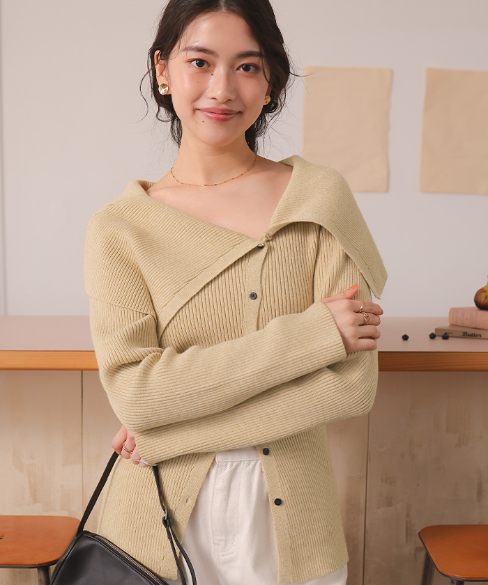 アシンメトリーオフショルダーニットトップス | titivate