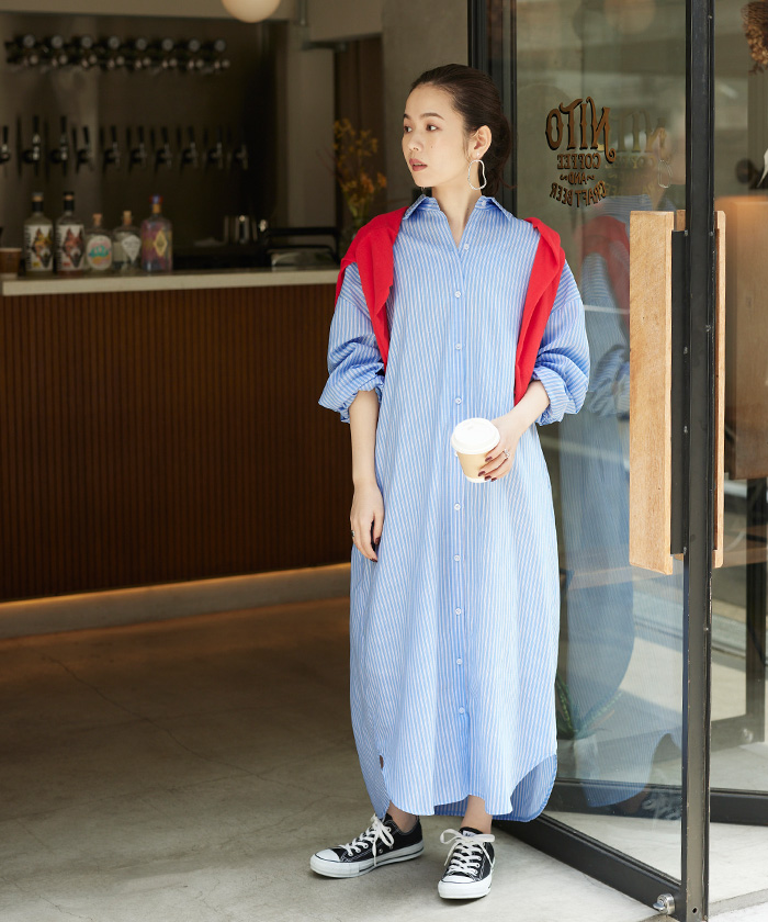 ライトストライプ シャツワンピース - organicfarmermag.com ネット正規店 ストライプ ワンピース シャツ 【専用】ロング フレア ライトコート 羽織り ロングワンピース